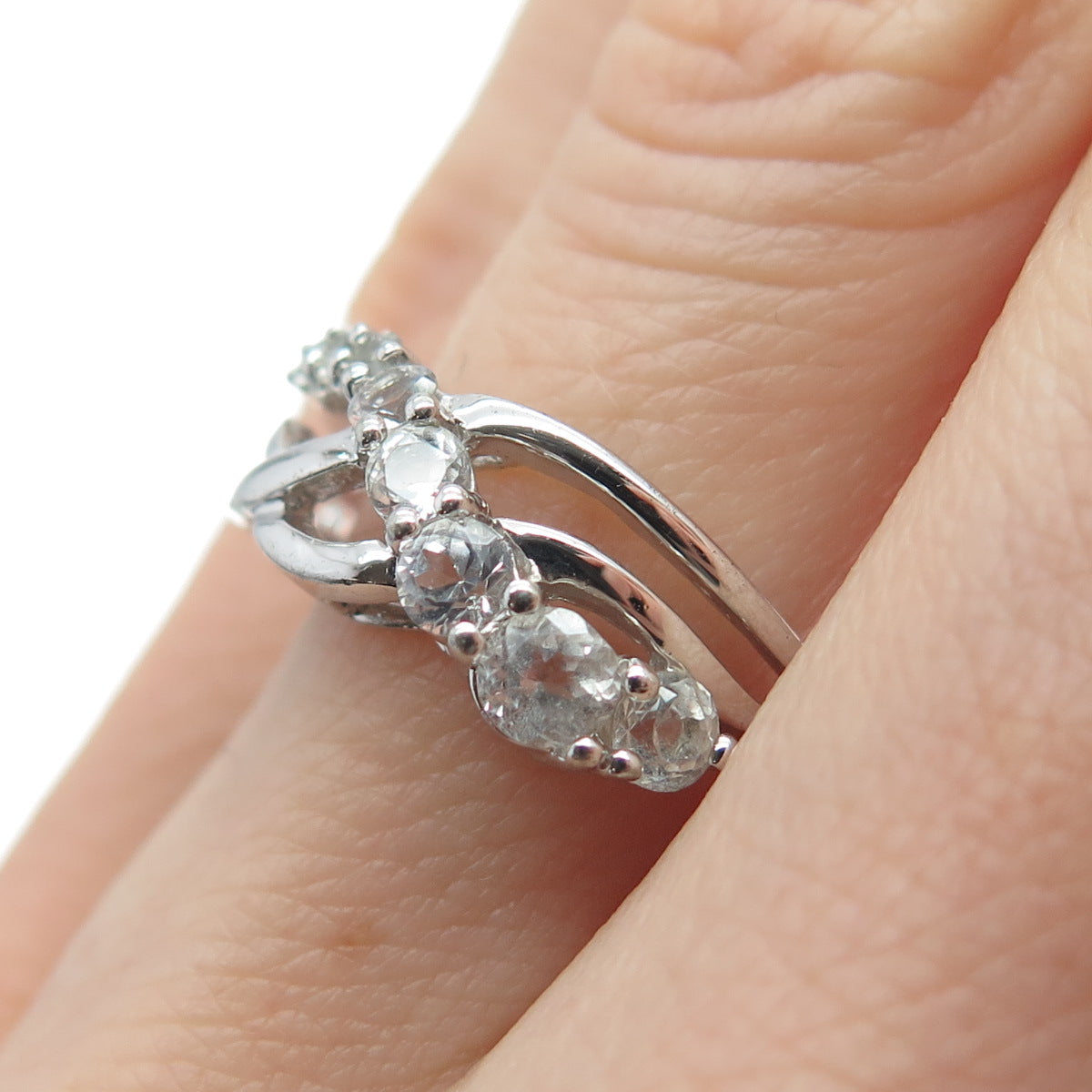 925 Sterling Silver Real Graduated Round-Cut White Topaz Crisscross Ring Size 7