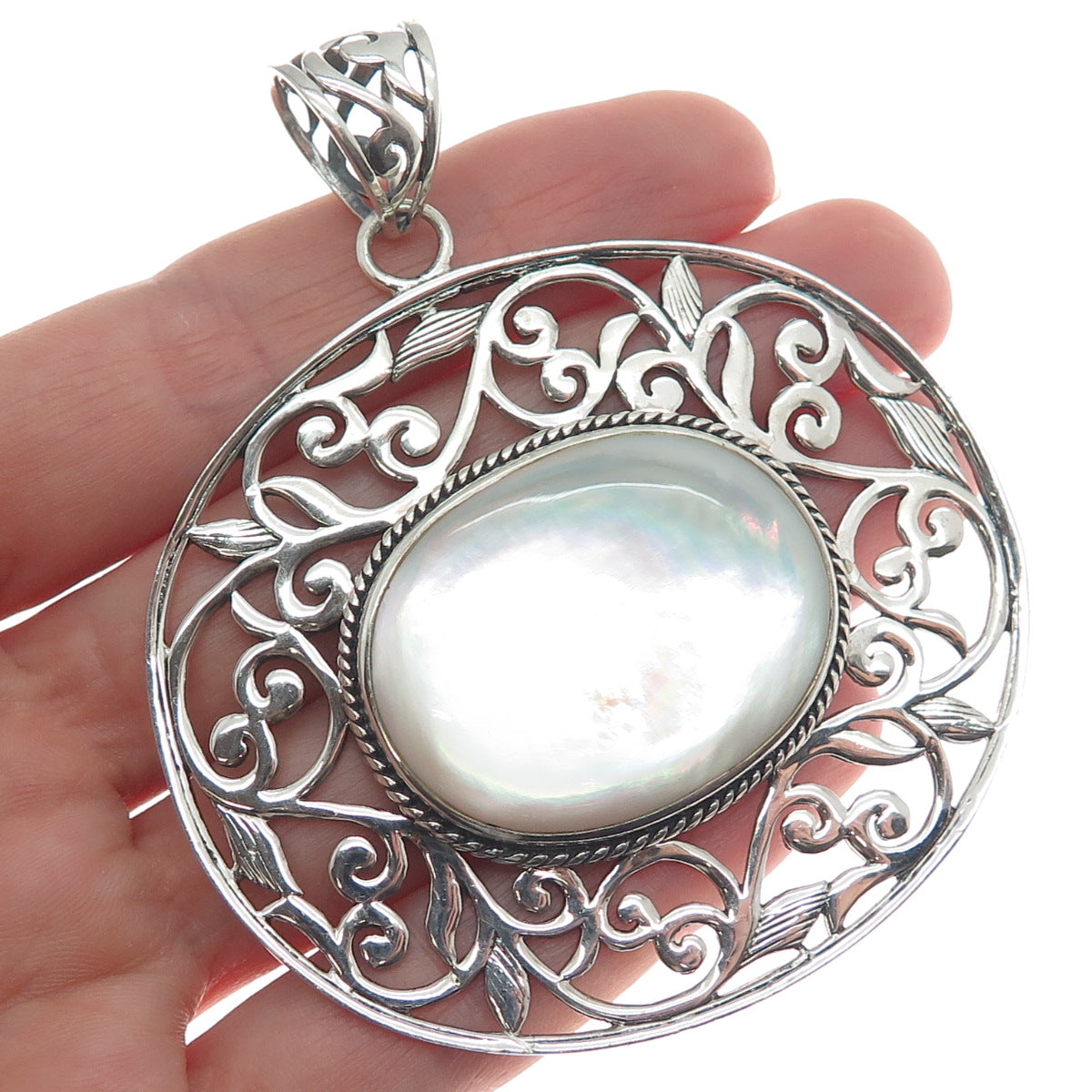 SX SALLY C 925 Sterling Silver Vintage Real MOP Ornate Floral Large Pendant