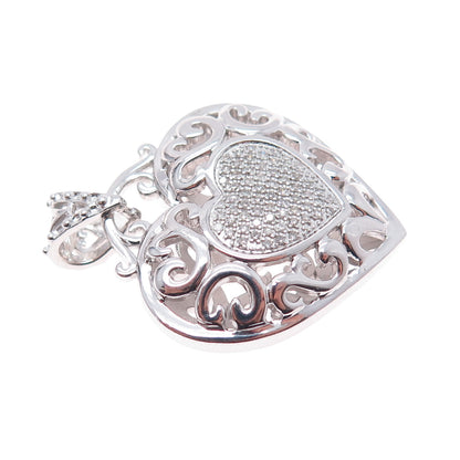925 Sterling Silver Real Round-Cut Diamond Ornate Heart Charm Pendant