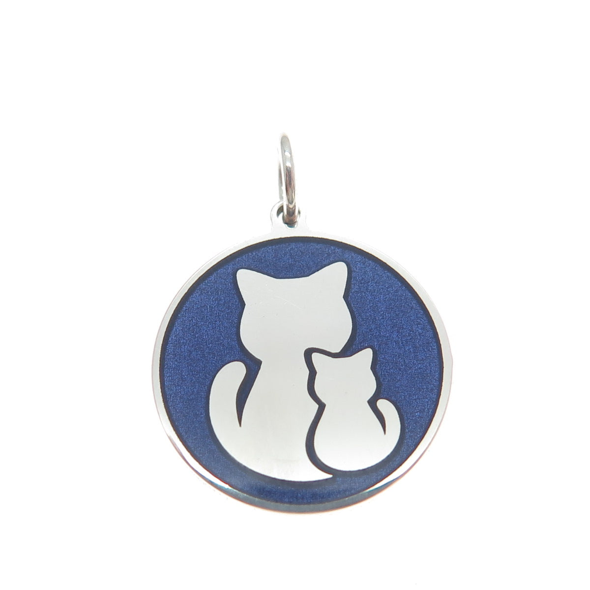 925 Sterling Silver Blue Enamel Mom & Child Cat Minimalist Charm Pendant