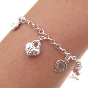 925 Sterling Silver Italy Heart Lock Dangle Charm Rolo Link Bracelet 7"