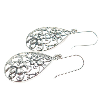 CHAPAL ZENRAY 925 Sterling Silver Vintage Ornate Flower Teardrop Dangle Earrings