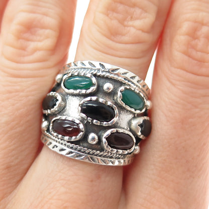 925 Sterling Silver Vintage Real Black & Green Onyx Carnelian Ring Size 9.25