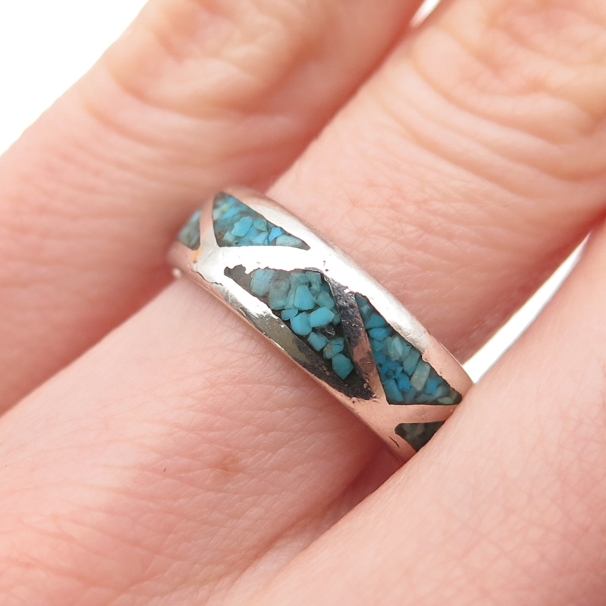 Old Pawn 925 Sterling Silver Vintage Turquoise Inlay Tribal Band Ring Size 6.25
