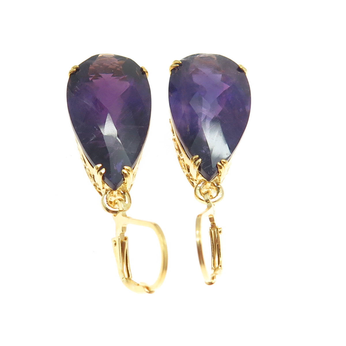 925 Sterling Silver Gold Plated Real Pear-Cut Amethyst Dangling Earrings