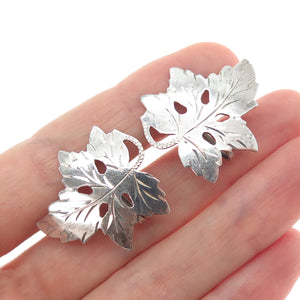925 Sterling Silver Vintage Oak Leaf Floral Oxidized Screw Back Earrings