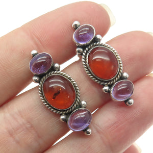 925 Sterling Silver Vintage Real Cabochon Amber & Amethyst Earrings