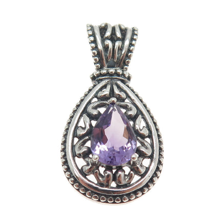 925 Sterling Silver Vintage Real Pear-Cut Amethyst Ornate Drop Pendant