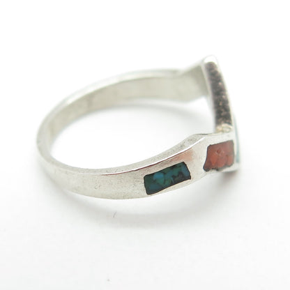 Old Pawn 925 Sterling Silver Southwestern Turquoise Coral Inlay Ring Size 3.5