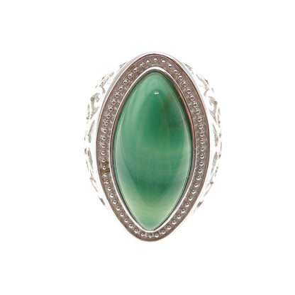 Ken Crafts 925 Sterling Silver Real Green Agate Floral Scroll Ring Size 9