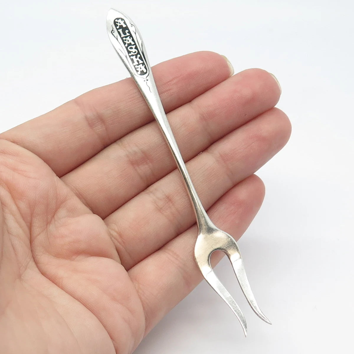 925 Sterling Silver Vintage Black Enamel "Alaska" Pickle / Olive Fork