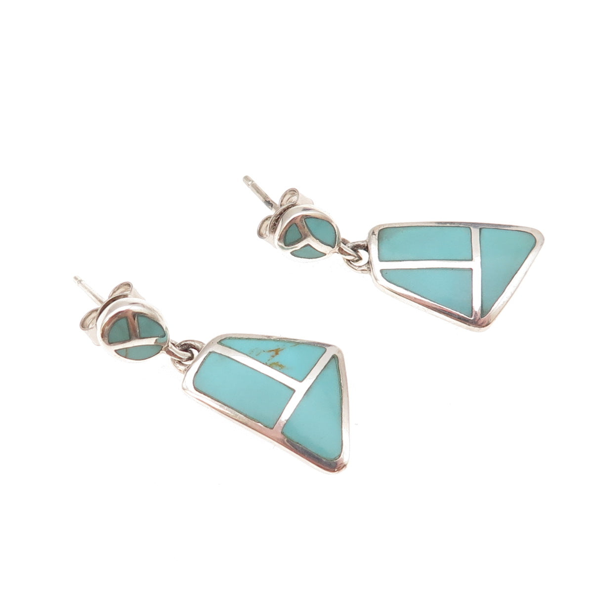 925 Sterling Silver Vintage Real Tyrone Turquoise Modernist Dangle Earrings