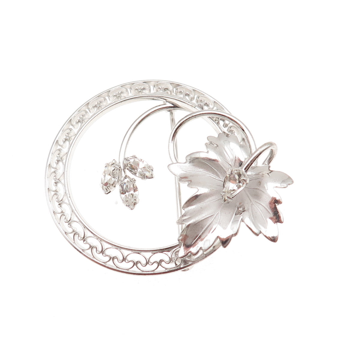 Carl Art 925 Sterling Silver Vintage Rhinestone Floral Leaf Pin Brooch