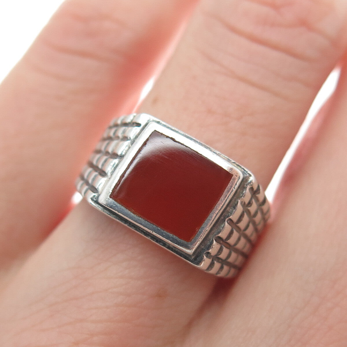 925 Sterling Silver Vintage Real Carnelian Gemstone Checkered Ring Size 6
