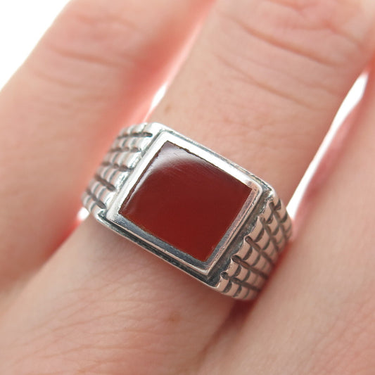 925 Sterling Silver Vintage Real Carnelian Gemstone Checkered Ring Size 6