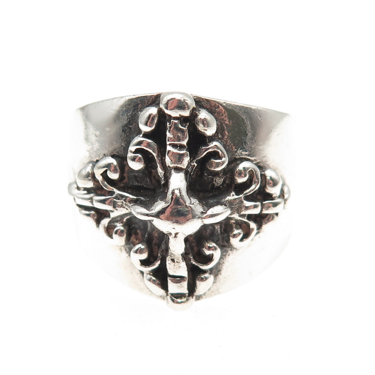 925 Sterling Silver Vintage Fleur de Lis Cross Oxidized Ring Size 11.5