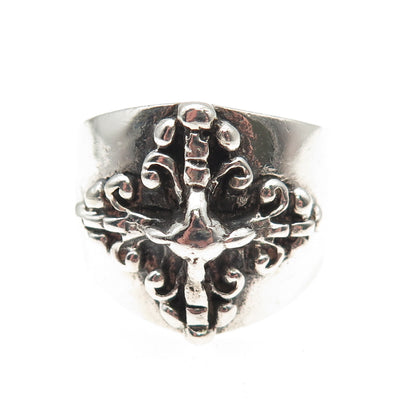 925 Sterling Silver Vintage Fleur de Lis Cross Oxidized Ring Size 11.5