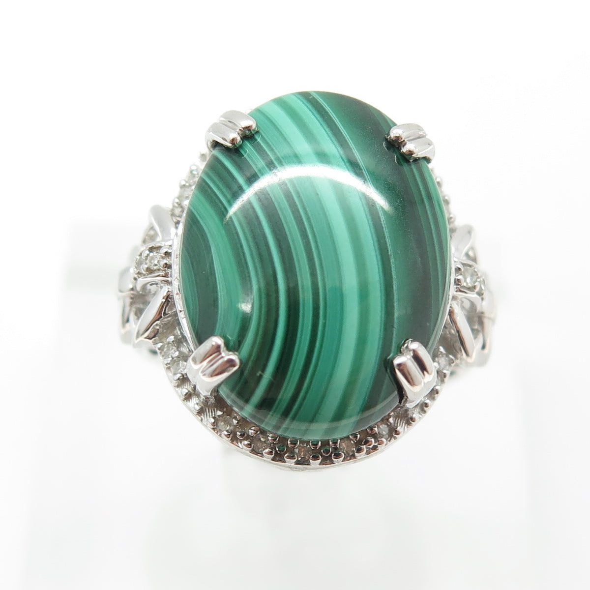 HN HENG NGAI 925 Sterling Silver Real Diamond & Malachite Ring Size 6