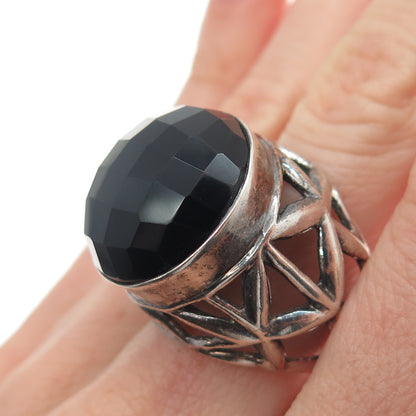 925 Sterling Silver Vintage Real Black Spinel Modernist Oxidized Ring Size 7.25