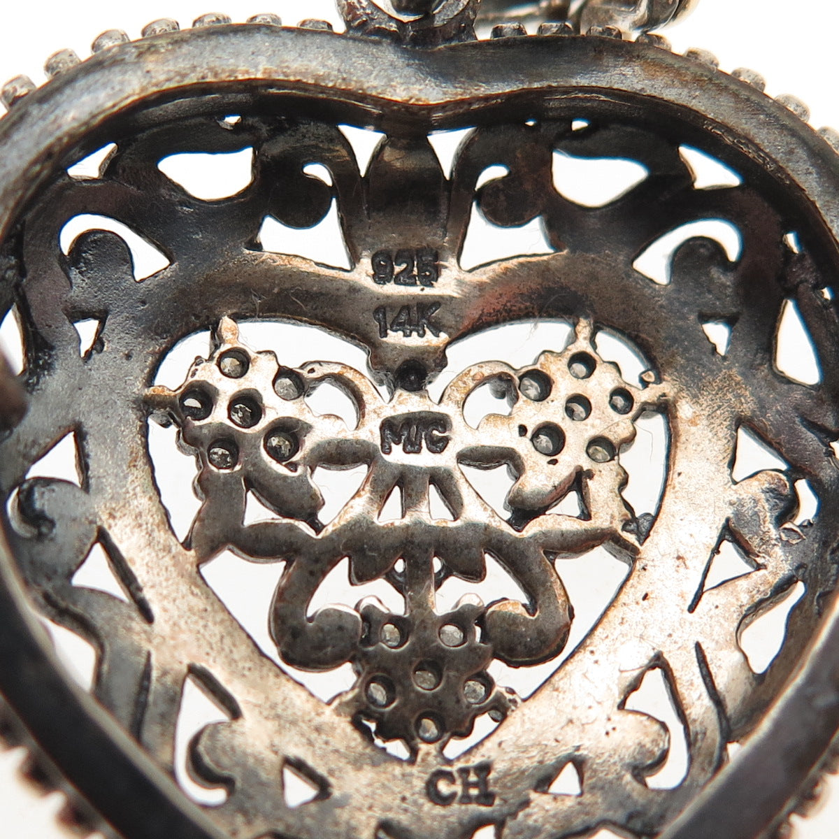 925 Sterling Silver 14K Gold Real Diamond Ornate Heart Locket Charm Pendant