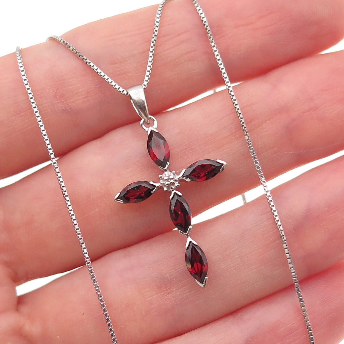 925 Sterling Silver Real Diamond Accent Red Garnet Cross Box Chain Necklace 18"