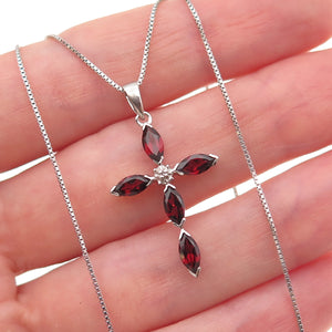 925 Sterling Silver Real Diamond Accent Red Garnet Cross Box Chain Necklace 18"