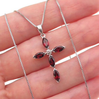 925 Sterling Silver Real Diamond Accent Red Garnet Cross Box Chain Necklace 18"