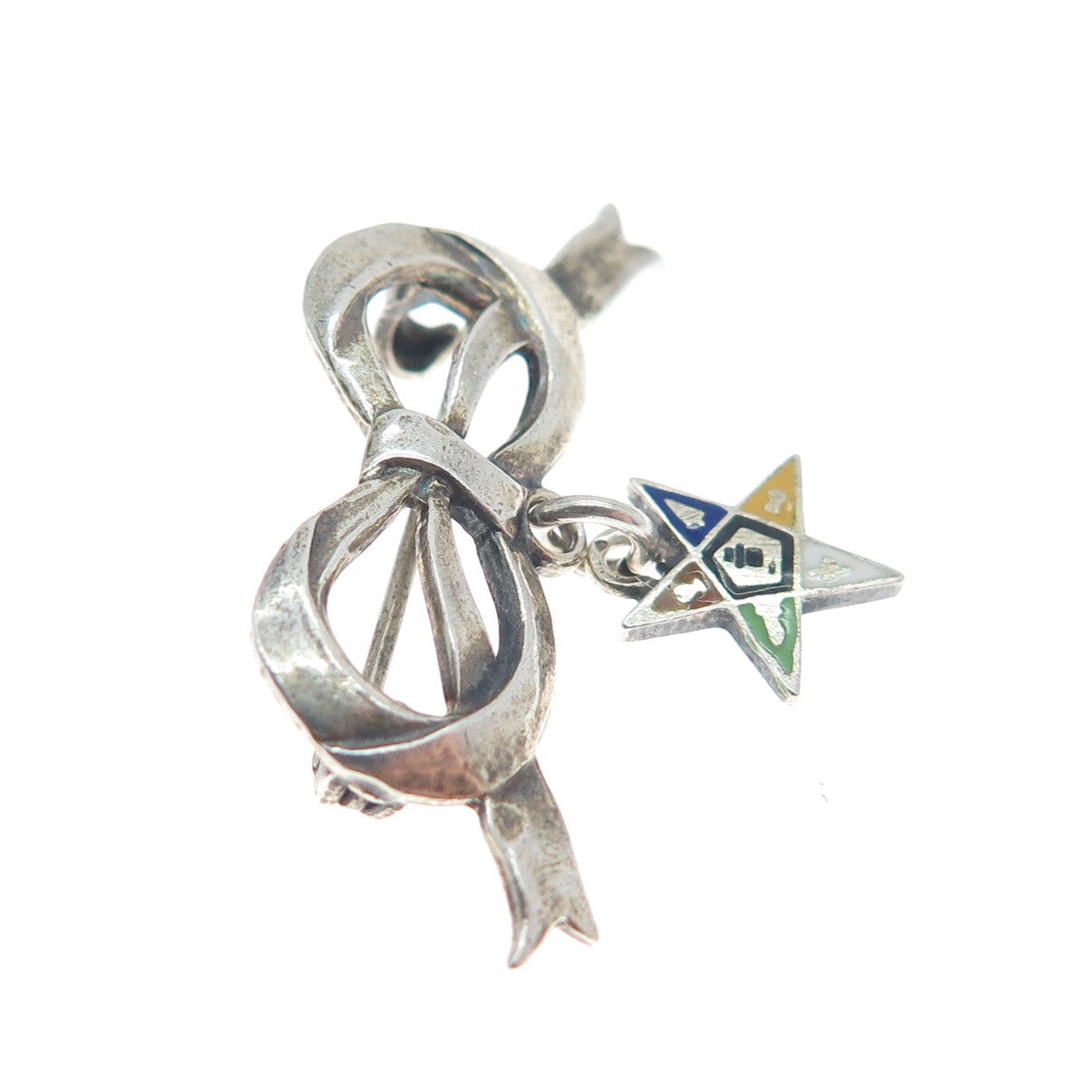 925 Sterling Silver Antique Enamel Bow Masonic Star Dangle Oxidized Brooch
