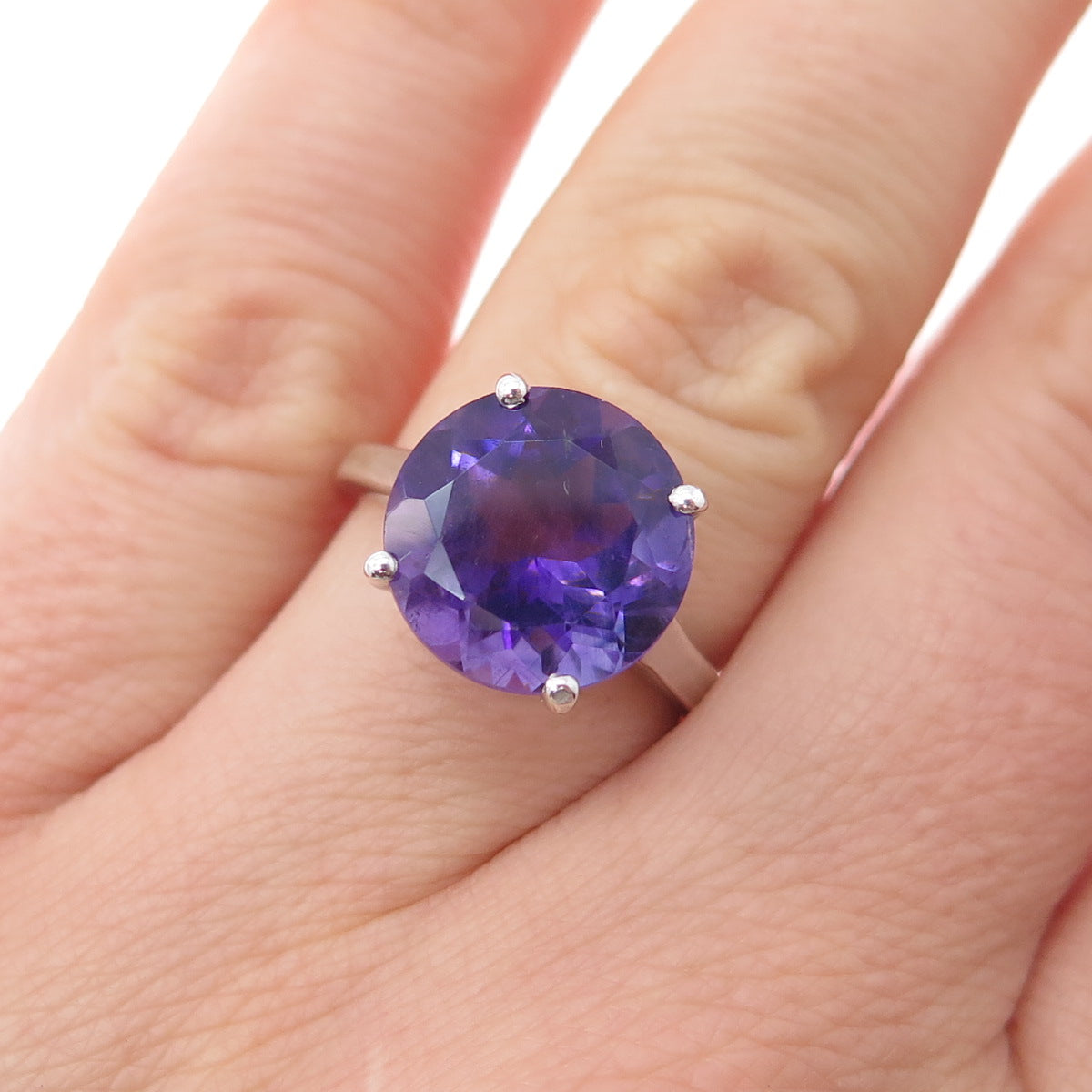 925 Sterling Silver Vintage Real Round-Cut Amethyst Ring Size 7