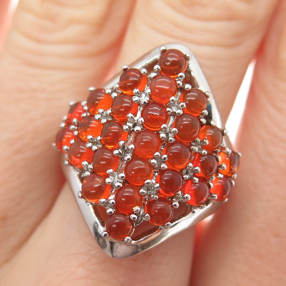 925 Sterling Silver Real Cabochon Fire Opal Cluster Ring Size 6.25