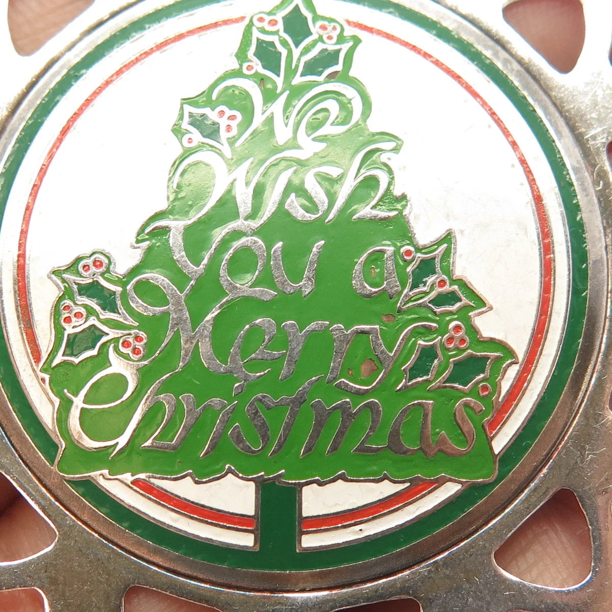 925 Sterling Silver Vintage Lunt 1981 Enamel Wish You A Merry Christmas Pendant