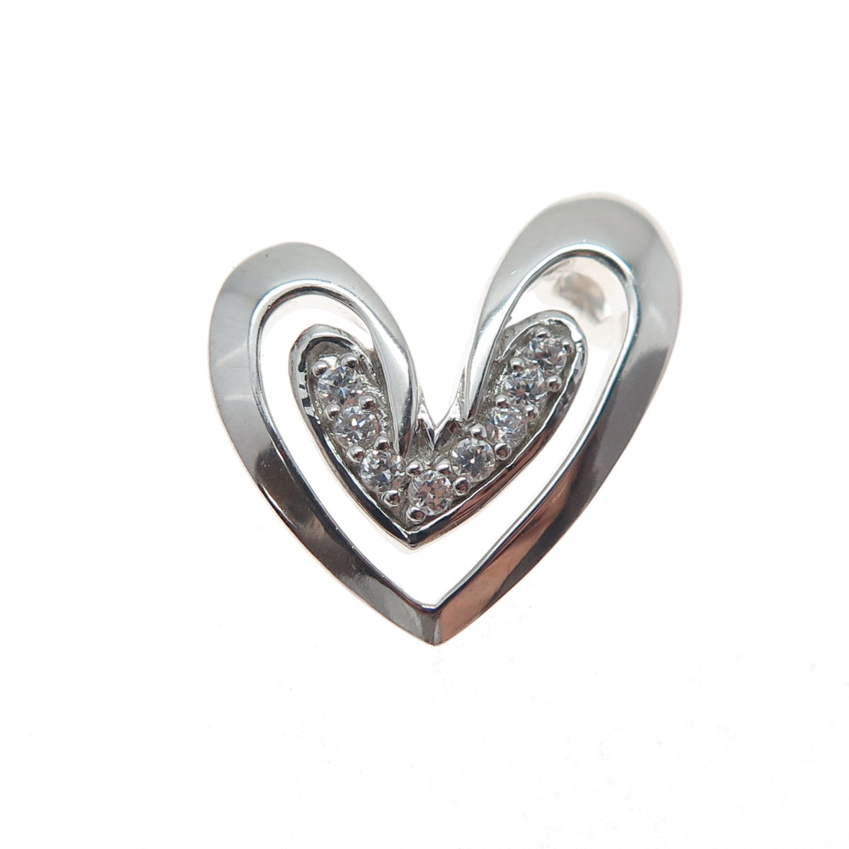925 Sterling Silver Round-Cut C Z Heart Minimalist Slide Pendant