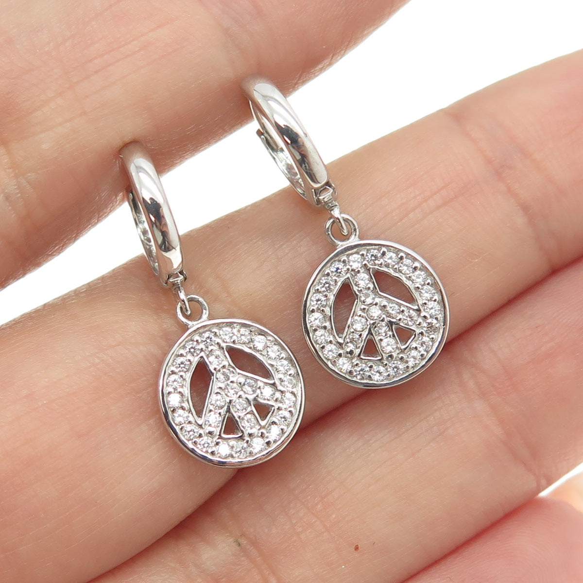 925 Sterling Silver Pave C Z Symbol of Peace Dangling Earrings