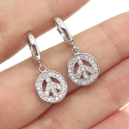 925 Sterling Silver Pave C Z Symbol of Peace Dangling Earrings