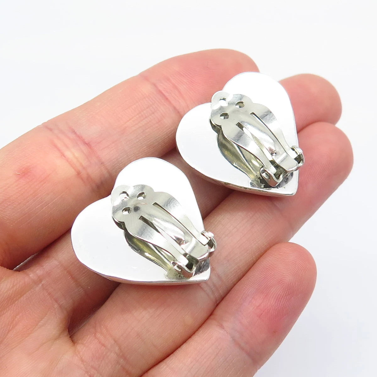 925 Sterling Silver Vintage Mexico Heart Clip On Earrings