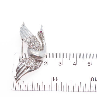 925 Sterling Silver Vintage Real Ruby & Rhinestone Swan Pin Brooch
