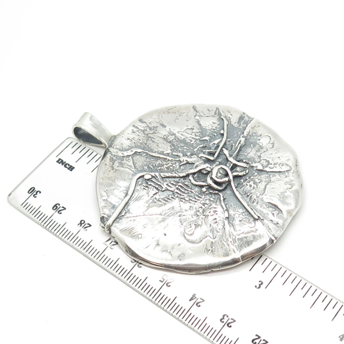 925 Sterling Silver Vintage Brutalist Modernist Large Round Pendant