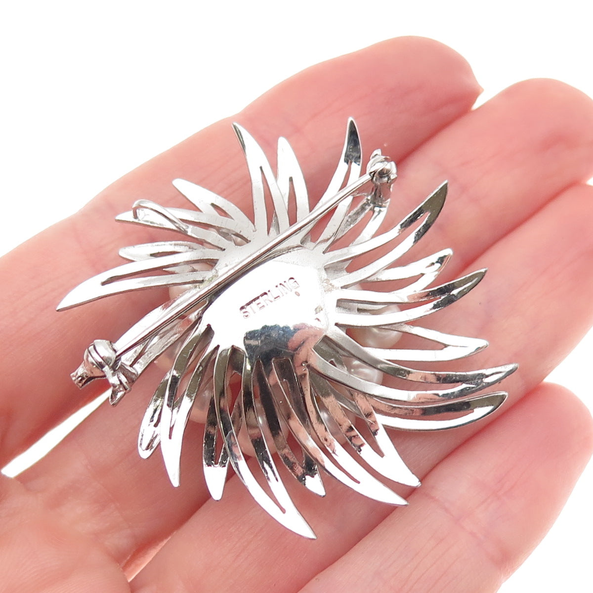 925 Sterling Silver Antique Art Deco Real Akoya Pearl Floral Pin Brooch