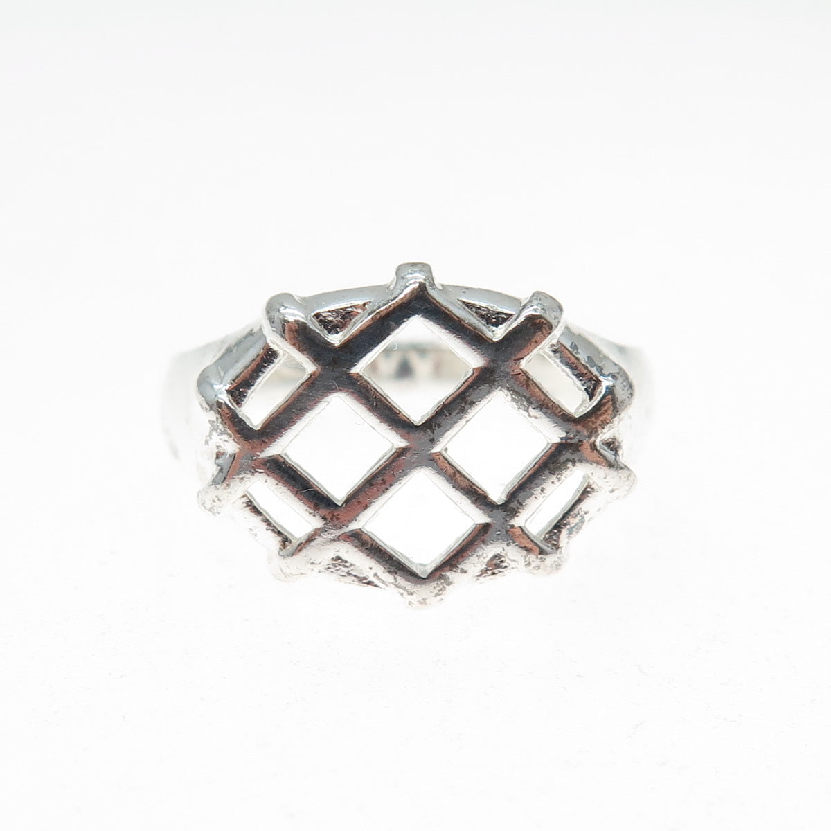 925 Sterling Silver Vintage Modernist Cage Pattern Ring Size 10