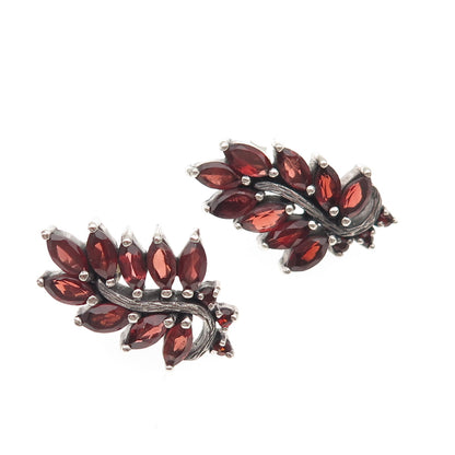 925 Sterling Silver Vintage Real Red Garnet Floral Oxidized Earrings