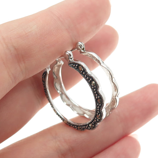 925 Sterling Silver Vintage Real Marcasite Oxidized Hoop Earrings