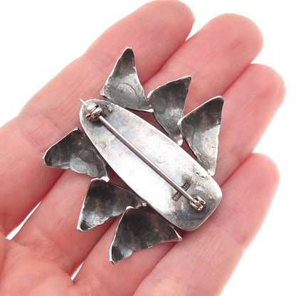 925 Sterling Silver Vintage Real Black Tiger Eye Modernist Hammered Pin Brooch