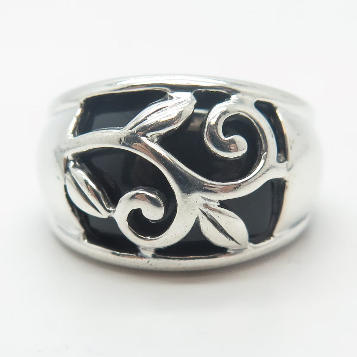 925 Sterling Silver Vintage Real Black Onyx Gem Leaf Branch Ring Size 7.75