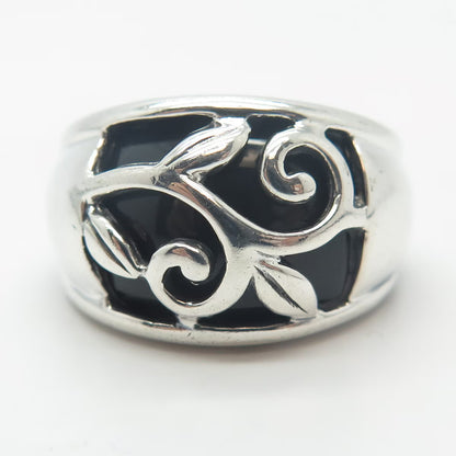 925 Sterling Silver Vintage Real Black Onyx Gem Leaf Branch Ring Size 7.75