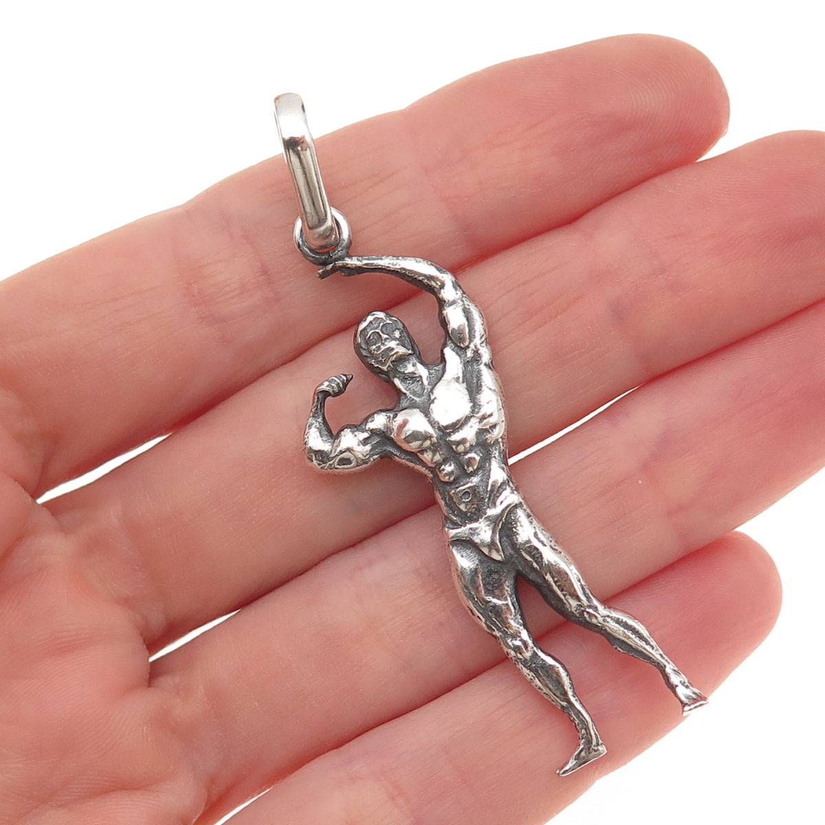 925 Sterling Silver Vintage European Bodybuilder Oxidized 3D Charm Pendant