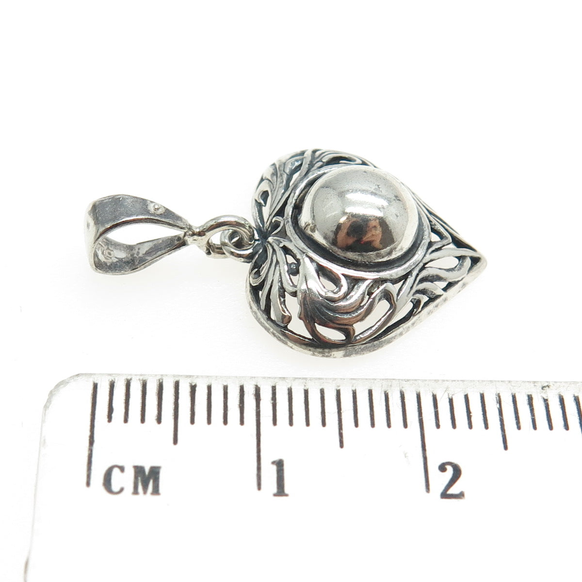 925 Sterling Silver Vintage Ball Scroll Heart Pendant