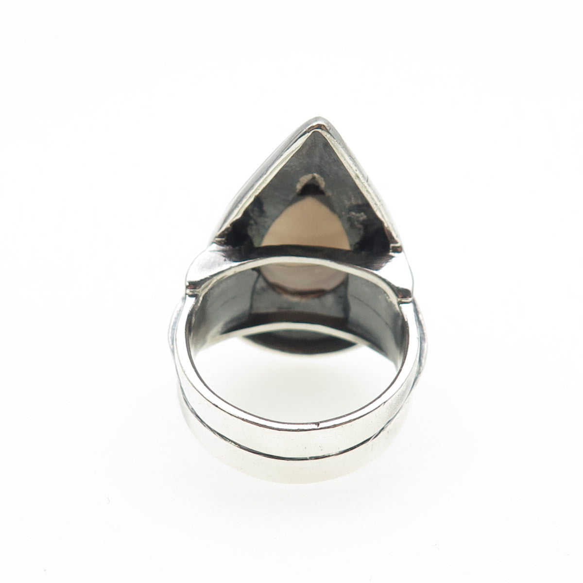 925 Sterling Silver Vintage Real Smoky Quartz Modernist Oxidized Ring Size 7.25