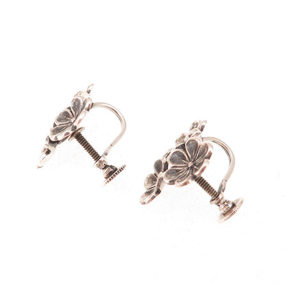 Beau 925 Sterling Silver Antique Art Deco Floral Oxidized Screw Back Earrings