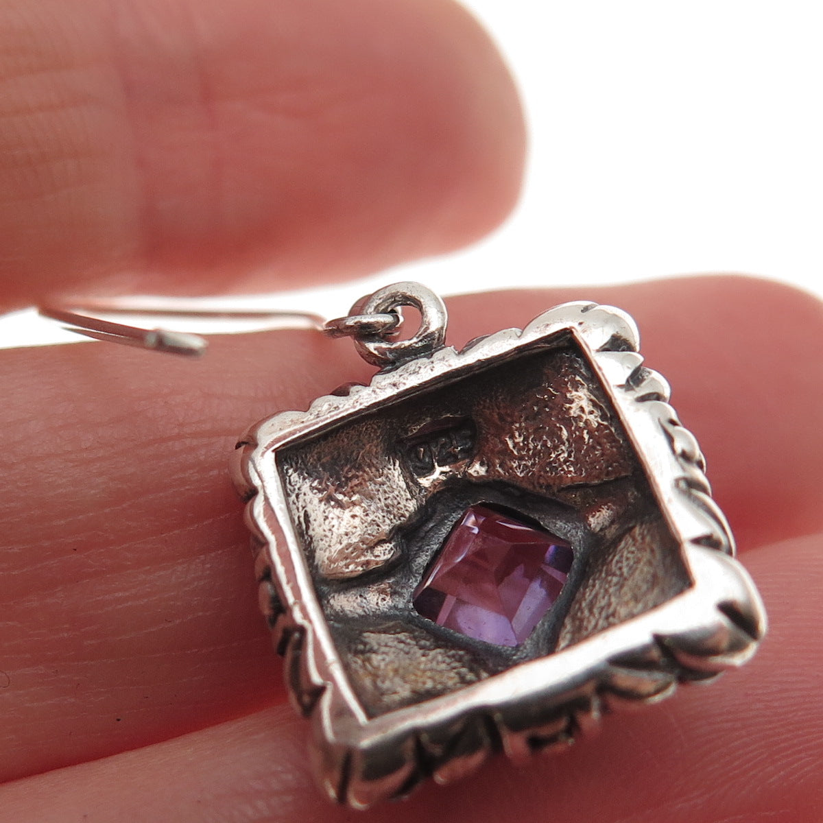925 Sterling Silver Vintage Real Amethyst Oxidized Dangle Earrings