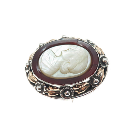 925 Sterling Silver Gold Antique Real MOP & Carnelian Lady Cameo Pin Brooch
